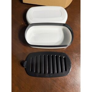 Modern White and Black Oval Soap Dish with Drainage Tray and Lid Minimalist Set